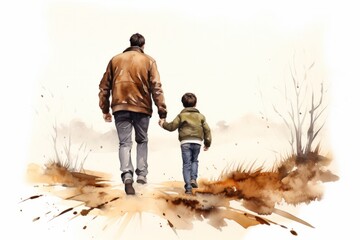 watercolor drawing of rear view of a dad holding his son hand and walking together - fathers day - father and son