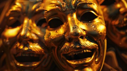 Detailed shot of several golden masks, suitable for cultural and festive themes