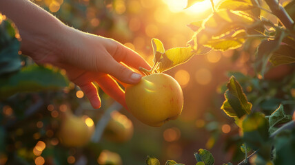 A hand picking an apple from a tree.