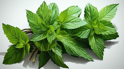 Green leaves of mint ,white background pallet colour  Generate AI - obrazy, fototapety, plakaty