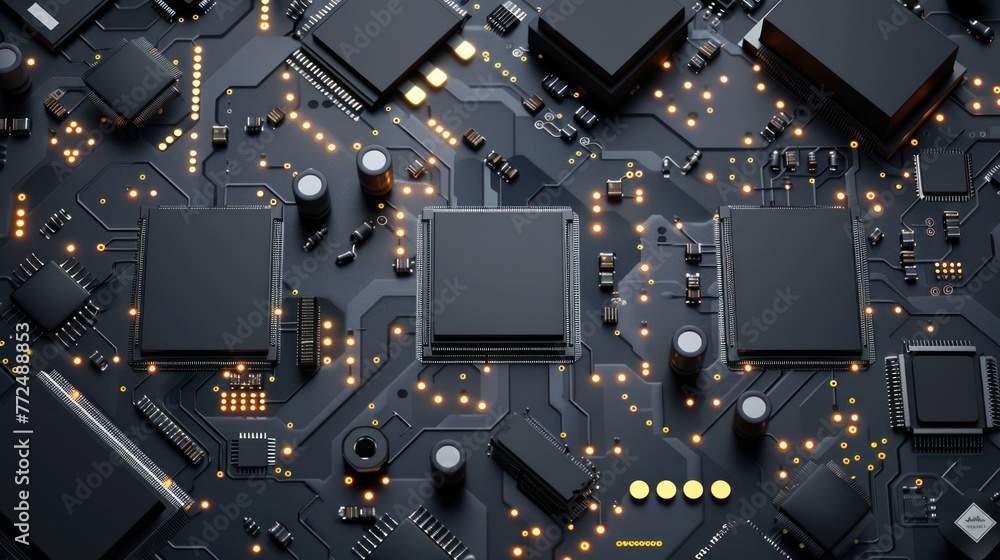 Poster realistic matte black computer chip and circuit board background