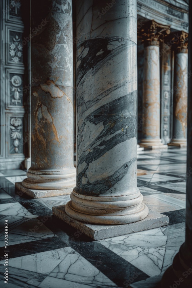 Poster a row of majestic marble pillars in a grand building. ideal for architectural and interior design co