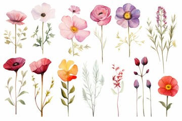 set of watercolor flowers isolated on white background