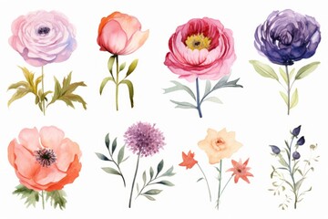 set of watercolor flowers isolated on white background