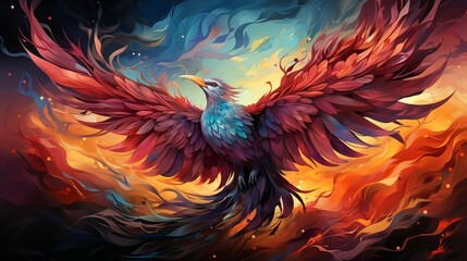 Large phoenix bird, long and fiery tail, colorful rainbow Generate AI