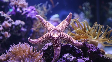A starfish sitting on top of a rock in an aquarium. Perfect for educational materials