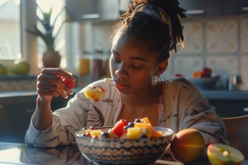 Woman eating a bowl of fruit. Suitable for healthy lifestyle concepts