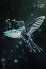 Fototapeta premium A hummingbird flying through the air with bubbles in the background. Suitable for nature and wildlife concepts