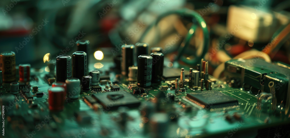 Poster detailed close-up of a computer motherboard. ideal for technology concepts