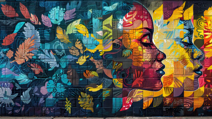 A colorful street art mural on a wall.