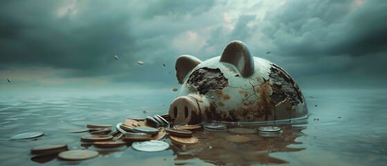 A sun-dried piggy bank was half submerged in stormwater. The coins spilled into the rising tide. An allegory of financial disaster and the elusive nature of it. - obrazy, fototapety, plakaty