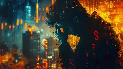 Depiction of a Businessman Weathering an Economic Crisis as Financial Data Crashes Around Him - obrazy, fototapety, plakaty