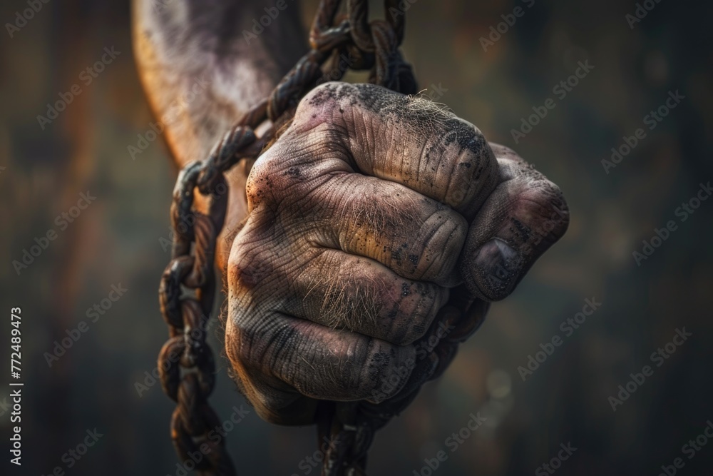 Poster A close-up image of a person's hand holding a chain. Suitable for illustrating concepts of strength, security, or captivity