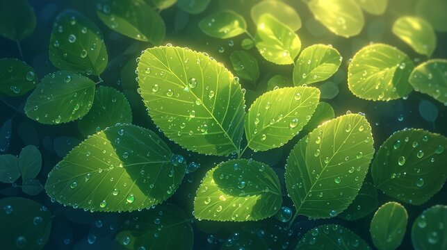 Dewdrops on a green leaf, sunrise backlight, ultra close-up, jewel-tone colors.