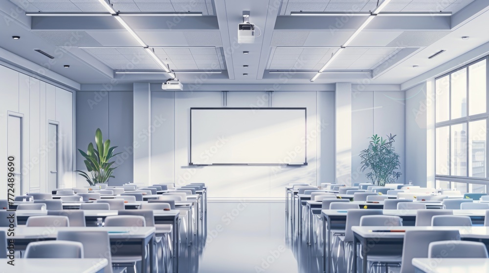 Poster Classroom setting with rows of desks and a projector screen, ideal for educational presentations and training materials
