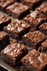 Close up of freshly baked brownies on a wooden table. Perfect for food bloggers and baking enthusiasts