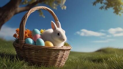 Charming Easter image: bunny with basket of eggs, lush spring scenery, colorful flowers, green grass, serene sky. Convey joy and renewal.