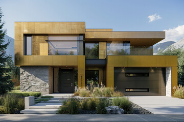 High-end new construction home in a modern style, showcasing luxurious gold siding and natural stone wall accents, with a minimalist approach excluding a garage. - obrazy, fototapety, plakaty