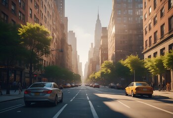 New York City street road in Manhattan at summer time. Urban big city life concept background