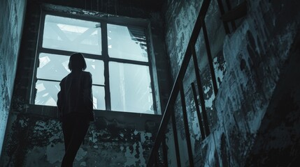 A woman standing in front of a window in an abandoned building. Suitable for urban exploration themes - Powered by Adobe
