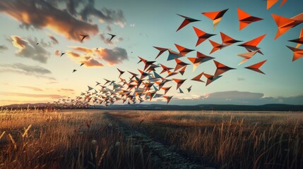 Paper airplanes flying over a field, suitable for educational and travel concepts - obrazy, fototapety, plakaty