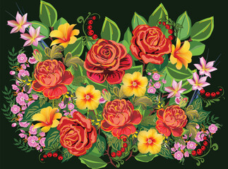 bright lush bunch of flowers isolated on dark green background - 772489688