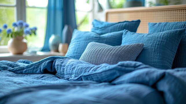 Blue Pillows and Flowers Adorning Bed