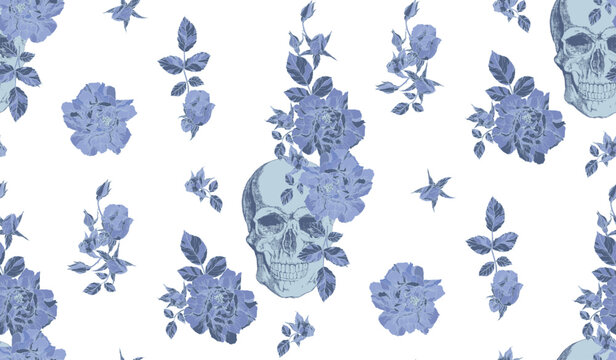 Vintage skull with flowers seamless pattern on transparent background