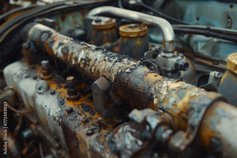 Poster detailed shot of a rusty engine on a train, ideal for industrial concepts