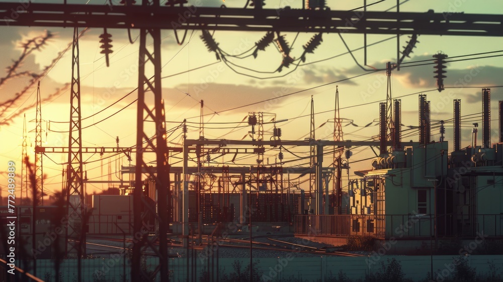 Poster sun setting behind silhouetted power lines, suitable for energy or nature concepts