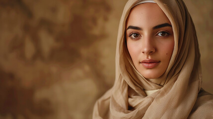 Radiating confidence and charm, a modern Muslim woman captivates in a beige hijab against a brown studio backdrop, her serene expression and natural beauty captured in breathtaking HD detail.