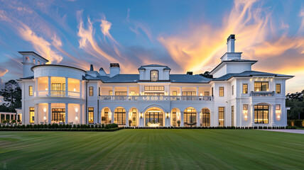 Luxurious white mansion with flowing lawns and a dynamic sky at twilight, illustrating the seamless blend of opulence and modern architecture.
