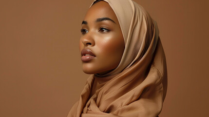 Radiating confidence and charm, a modern Muslim woman captivates in a beige hijab against a brown studio backdrop, her serene expression and natural beauty captured in breathtaking HD detail.