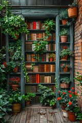A bookshelf packed with numerous books and various types of green plants