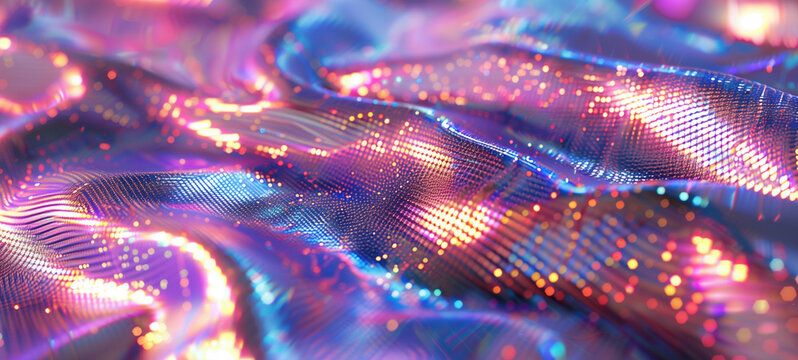 Top view texture of holographic foil shimmering with a prismatic display of ever-changing colors and patterns