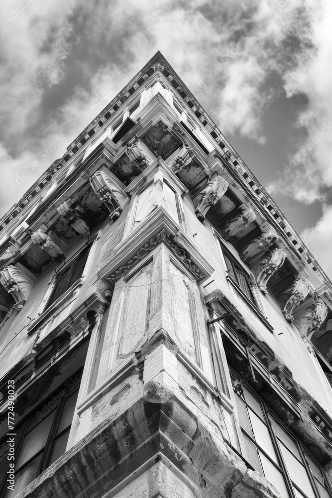 Poster a striking black and white image of a tall building. perfect for architectural projects