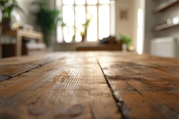 A wooden table with a potted plant in the background. Ideal for home decor or gardening concepts