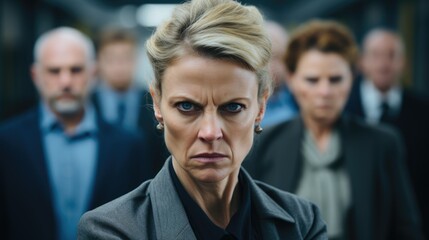 Obraz premium The businesswoman and her team are in a modern office, exuding an atmosphere of anger and seriousness.