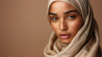 Soft lighting enhances the allure of a modern Muslim woman, her natural make-up and beige hijab adding to her beauty as she poses against a brown studio background, exuding confidence and elegance.