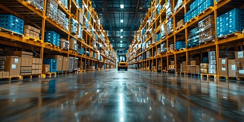 Efficient Warehouse Operations with Merchandise Pallets, Shelves, and Forklifts Amidst Logistics Transportation. Concept Warehouse Efficiency, Merchandise Handling, Pallet Storage - obrazy, fototapety, plakaty
