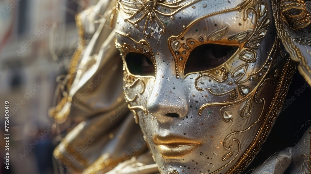 Poster close up of a mask on a person's face, suitable for various themes and concepts