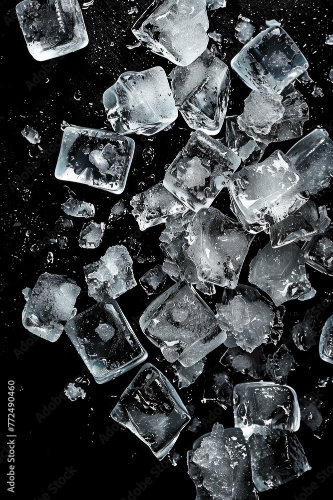 Poster a pile of ice cubes on a sleek black surface. perfect for cooling concepts or drinks
