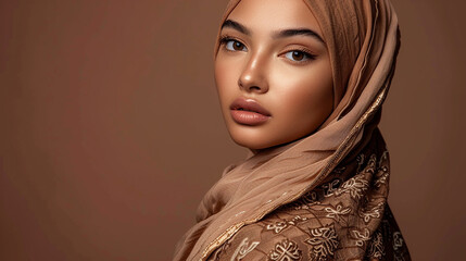 Soft lighting enhances the allure of a modern Muslim woman, her natural make-up and beige hijab adding to her beauty as she poses against a brown studio background, exuding confidence and elegance.