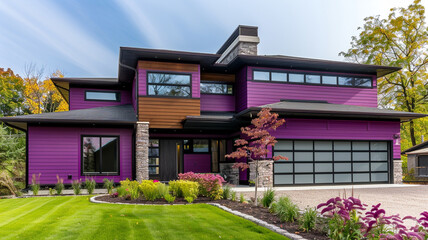 Opulent modern-style residence newly built, showcasing vibrant violet siding and natural stone wall...