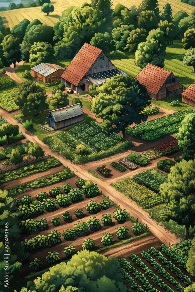 Poster aerial view of a farm with a dense canopy of trees. suitable for agricultural and environmental them