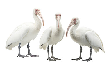 Three elegant white pelicans standing in perfect alignment on shore