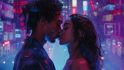 Two people kissing in the rain at night