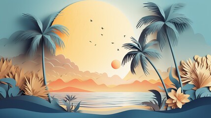 Wallpaper background of a blue sea and tree coconut logo and yellow sun , palette color , Generate AI