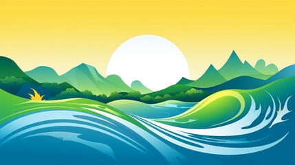 Wallpaper background of a green mountain logo and yellow sun, there is a blue river  Generate AI