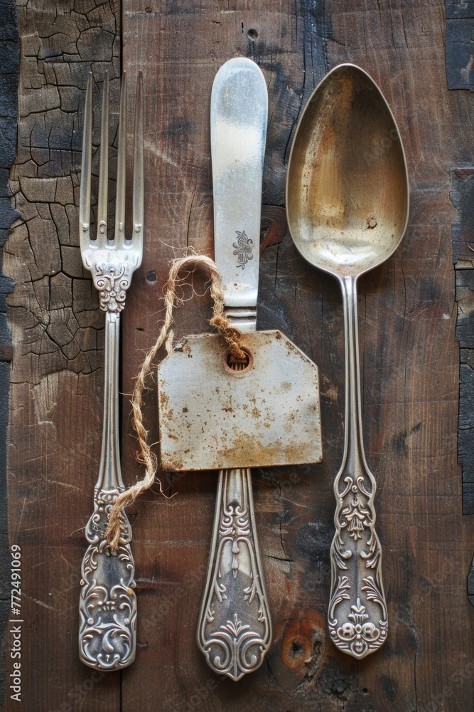 Poster A set of silverware displayed on a rustic wooden table. Suitable for food and kitchen related concepts